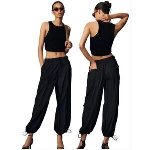 Anthropologie Daily Practice Parachute Pants Sz L Black Nylon Cargo Wide Leg